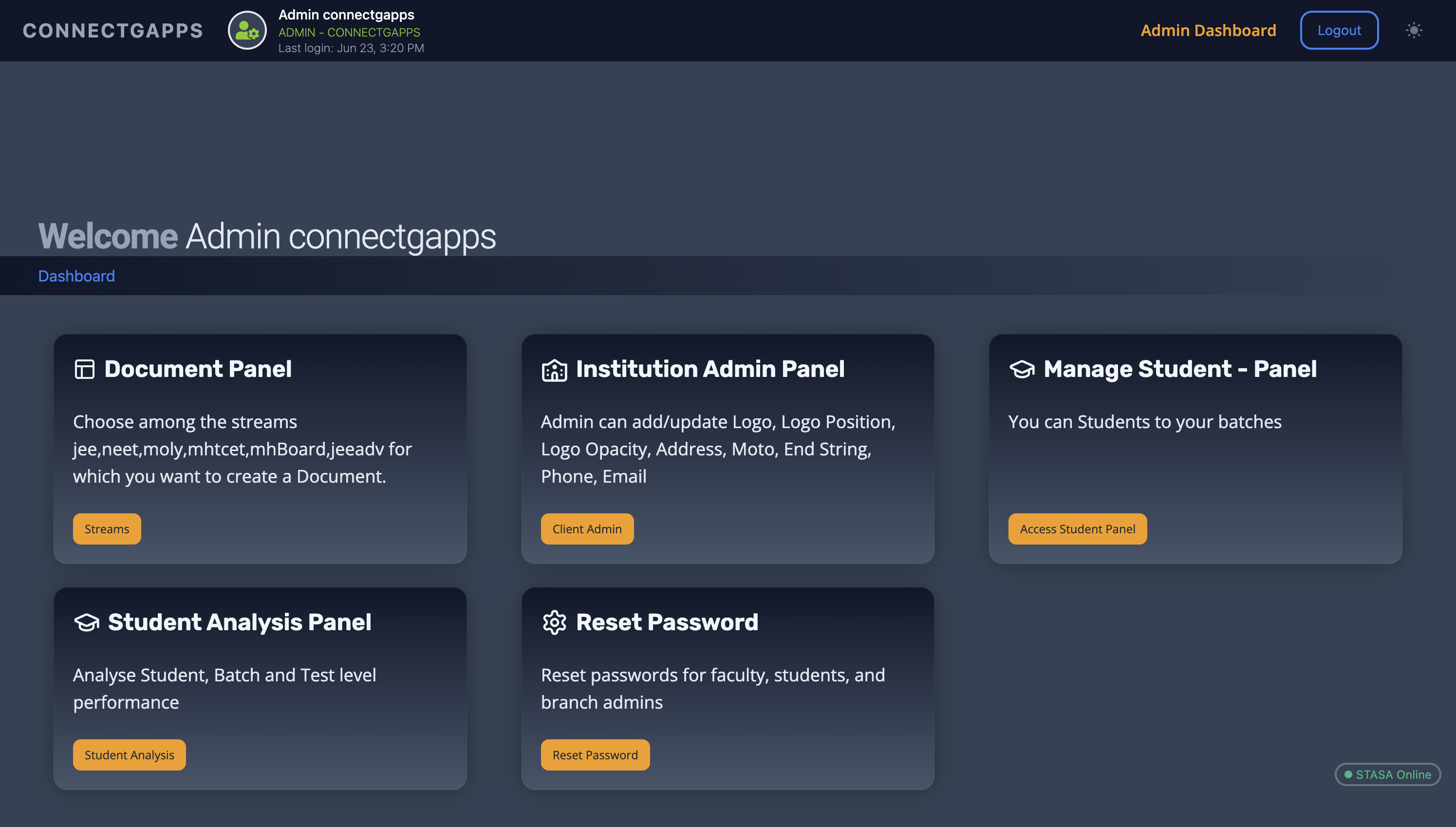 STASA Dashboard in Dark Mode