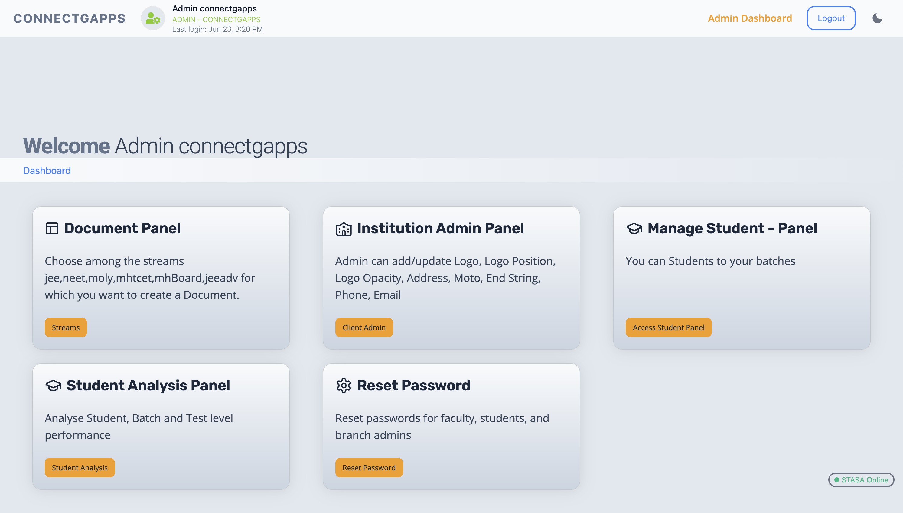 STASA Dashboard in Light Mode